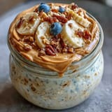 A spoonful of thick peanut butter and fresh blueberries topping a jar of High-Protein Peanut Butter Overnight Oats.