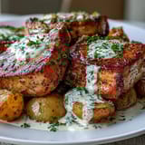 Tender, ranch-seasoned pork chops slow-cooked with potatoes and carrots in a creamy gravy.