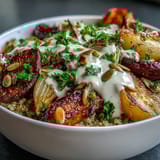 Roasted Root Vegetable Bowl topped with tender turnips and parsley, served warm on a ceramic plate.