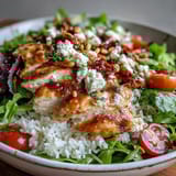 Freshly prepared Sun-Dried Tomato Chicken Bowl showcases juicy chicken, vibrant greens, and crumbled feta cheese over a bed of steamed rice.