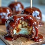 Mini Candy Apple Bites on Toothpick Skewers: Glossy red candy-coated apple chunks on sticks, perfect for festive party trays.