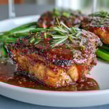 Honey mustard chicken with green beans in a skillet, golden chicken glazed in tangy sauce beside vibrant green beans.