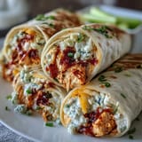 Creamy Buffalo chicken mixture spread on flour tortillas, rolled tight, and cut into bite-sized pinwheels for easy snacking.