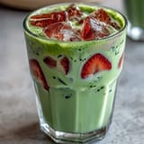 Refreshing Strawberry Matcha Latte with Oat Milk: Bright red strawberry layer topped with chilled oat milk and vibrant green matcha for a stunning summer beverage.