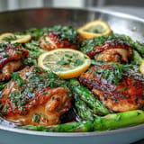 Juicy One-Pan Lemon Herb Chicken and Asparagus, ready to serve.