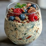 Vibrant high fiber overnight oats with chia, flax topped with a fresh berry medley.