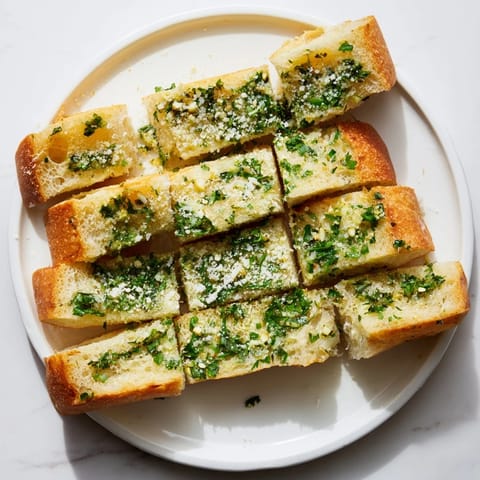 Warm Garlic Bread served as a side dish next to a hearty bowl of marinara pasta.
