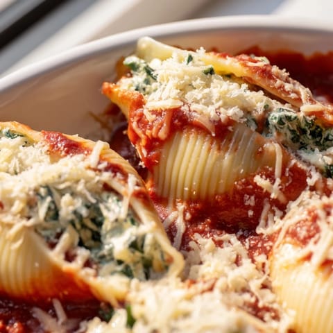Stuffed Shells with creamy ricotta and spinach filling peek from the baked dish, ready for a comforting family dinner.