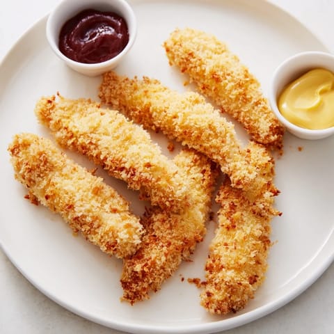 Sizzling, freshly fried chicken tenders stacked high next to a bowl of honey-mustard sauce.
