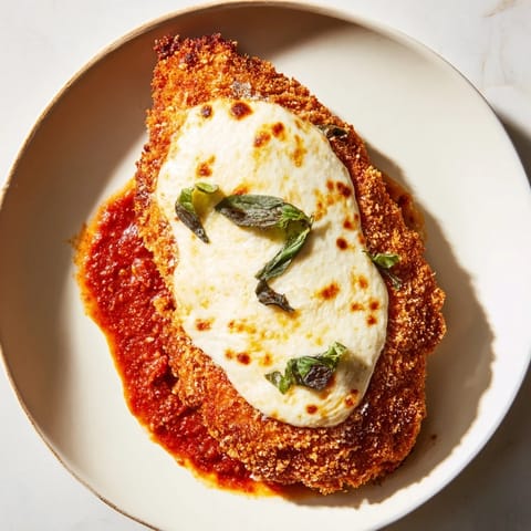 Breaded chicken cutlets topped with bubbly tomato sauce and extra Parmesan, garnished with fresh basil.