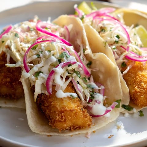 Grilled Fish Tacos stuffed with shredded cabbage and drizzled with creamy sauce, garnished with cilantro.