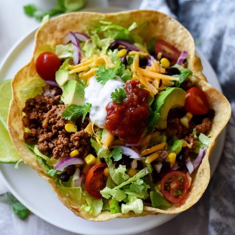 Golden tortilla shell holds a fresh Taco Salad with romaine lettuce, avocado, cherry tomatoes, and zesty salsa on top.