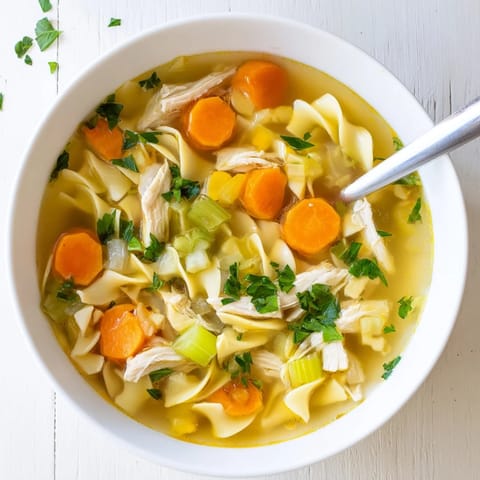 Tender shredded chicken, sliced carrots, and curly egg noodles swim in a golden savory broth.