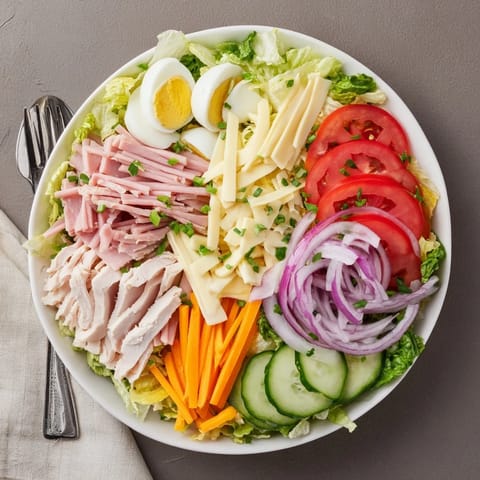 A vibrant plated Chef Salad featuring colorful wedges of tomato, cucumber slices, julienned carrots, and red onion, ready for a tangy vinaigrette.