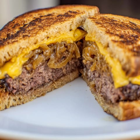 Buttery rye bread frames a golden-brown Patty Melt with melted Swiss cheese and sweet caramelized onions.