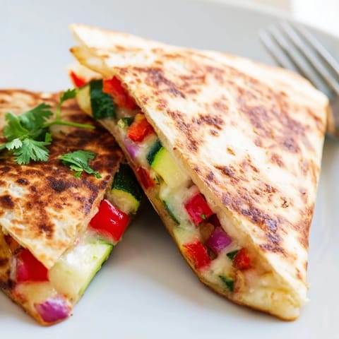 Sliced quesadilla wedges reveal gooey Monterey Jack and vegetable filling, served with fresh cilantro.