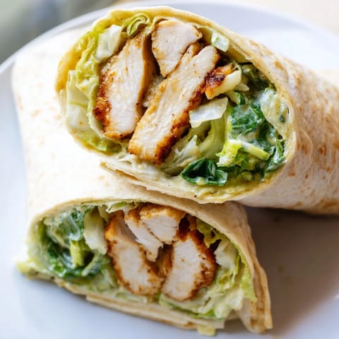 Freshly made honey mustard chicken wrap drizzled with creamy dressing, served alongside extra sauce and a fresh tomato slice for dipping.