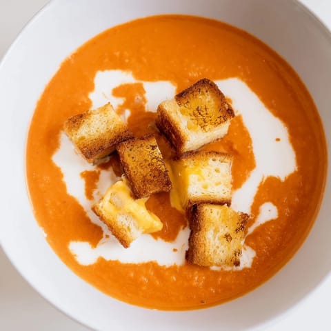 A close-up of golden-brown grilled cheese croutons topping a steaming bowl of homemade roasted tomato soup.