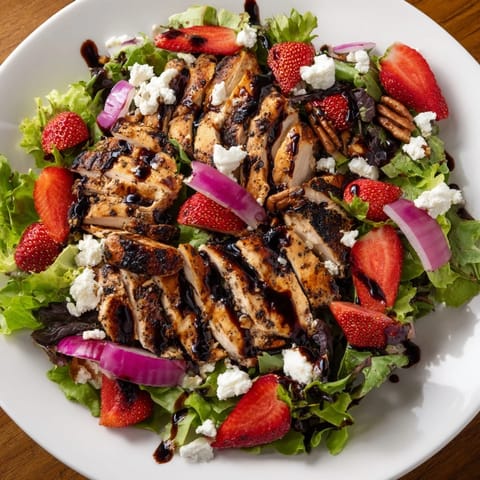A close-up view of a vibrant Strawberry Balsamic Chicken Salad, showcasing juicy strawberry halves and creamy feta cheese against dark greens.