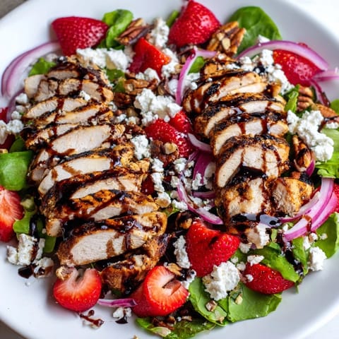 Grilled chicken slices rest on a bed of crisp mixed greens, topped with fresh strawberries, crumbled feta, and toasted pecans, drizzled with a glossy balsamic glaze.