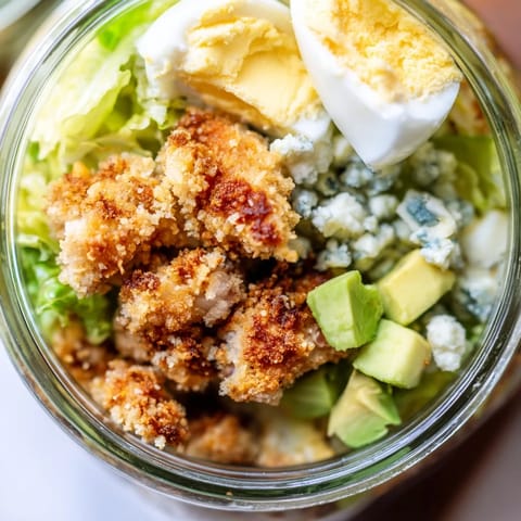 Fresh Crispy Chicken Cobb Jar Salad featuring juicy chicken bites, ripe avocado, and tangy dressing.