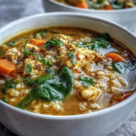 Warming turmeric chicken with pearl barley, a golden comforting bowl.