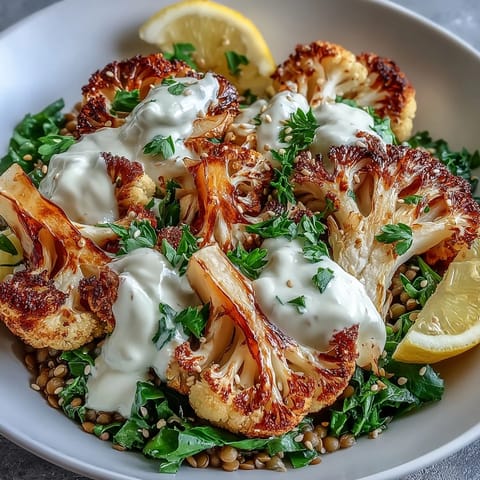 Hearty roasted cauliflower with cumin, lentils, and creamy tahini yogurt sauce.