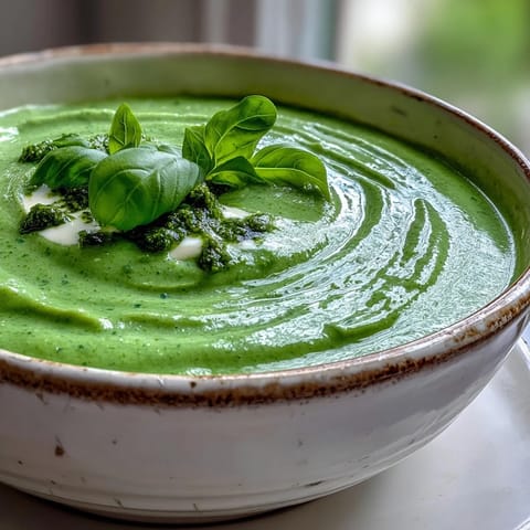 A spring delight: smooth Courgette, Pea and Pesto Soup ready to serve.