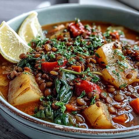 A comforting bowl of Vegetarian Lentil Stew topped with fresh parsley and lemon wedges.