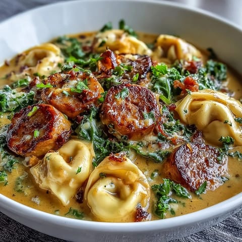 Creamy Pumpkin Tortellini Soup with chicken sausage and wilted kale served hot in a rustic bowl.