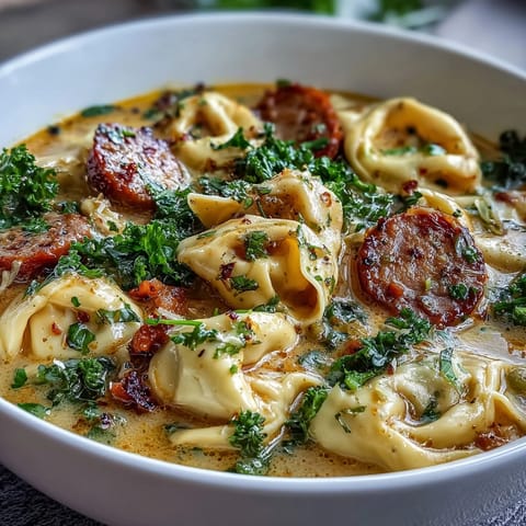 Hearty Pumpkin Tortellini Soup with browned chicken sausage and cheesy tortellini next to crusty bread.