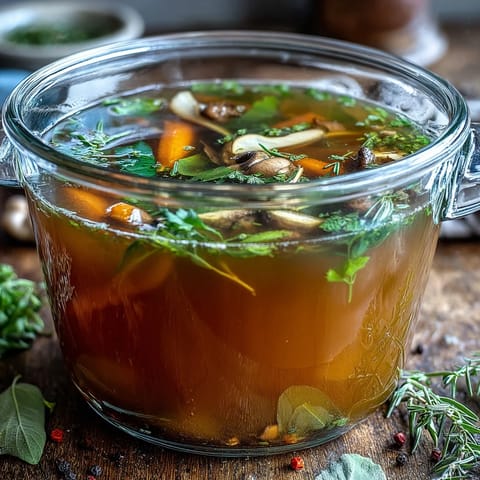 Homemade Vegetable Broth From Scraps simmering in a pot with carrot peels, onion skins, and fresh thyme.