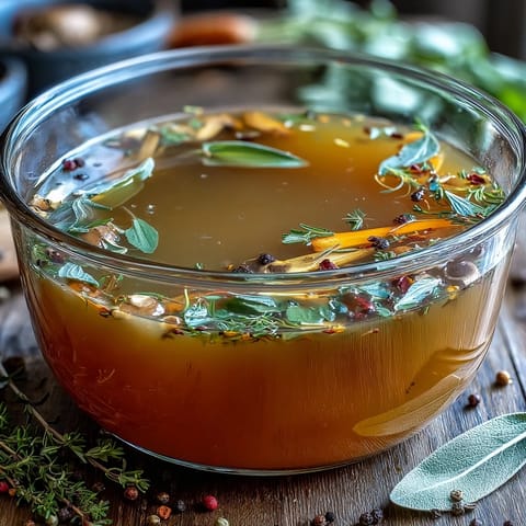 Golden, aromatic Vegetable Broth From Scraps strained into a clear glass jar, ready for soup or sipping.
