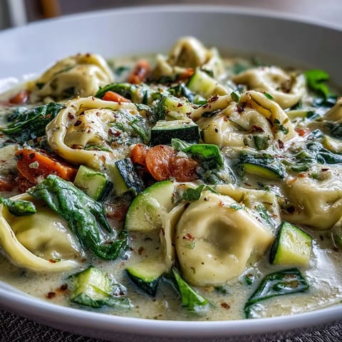 A close-up of Creamy Vegetable Tortellini Soup, showcasing colorful diced carrots, zucchini, and herbs in a luscious white broth. 