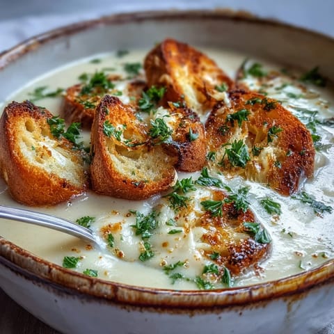 A bowl of velvety roasted garlic soup topped with croutons and a parsley garnish.