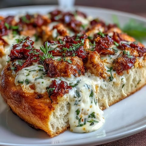 Fresh basil leaves garnish the cheesy Marry Me Chicken pizza, served hot from the oven.