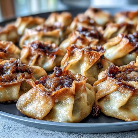 A close-up of pan-fried Smash Dumplings reveals a juicy pork and cabbage filling, enhanced with fresh ginger and scallions.