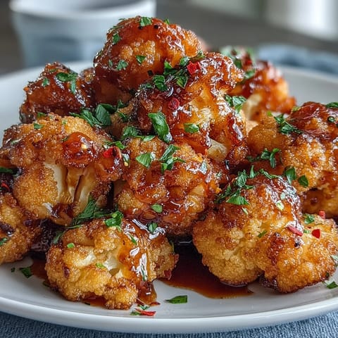 A close-up of Crunchy Baked Hot Honey Cauliflower bites with panko crust and red pepper flakes.
