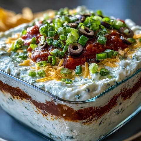 4-Way Layered Dip in a glass dish, showing colorful bean, creamy, salsa, and cheese layers next to tortilla chips.