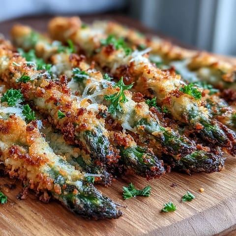 Golden Crispy Asparagus Asiago Spears with a crunchy panko crust, arranged on a platter ready for a lemon-garlic yogurt dip.
