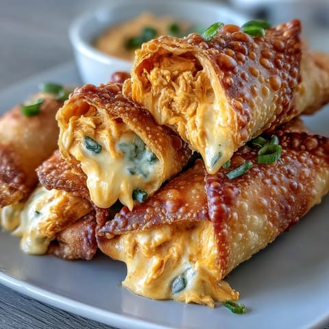 Golden-brown Buffalo Chicken Dip Egg Rolls are fried to crispy perfection, with melted cheddar and green onions peeking from the torn wrapper.