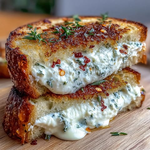 Thick, crisp sourdough slices stuffed with creamy chèvre, sweet honey, and spicy chili flakes.