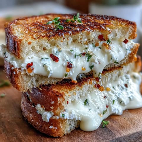 Golden, buttery sourdough grilled cheese with goat cheese, honey, and chili flakes on a plate.