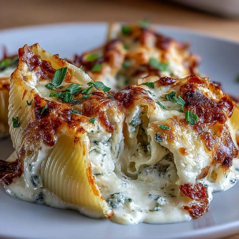 Golden, bubbly Pumpkin & Gouda Stuffed Shells drizzled with brown butter sage Alfredo sauce on a rustic plate.