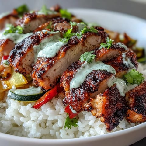 Freshly prepared Blackened Chicken Bowl featuring juicy sliced chicken, fluffy white rice, colorful sautéed peppers and onions, and a drizzle of lime crema garnished with cilantro.