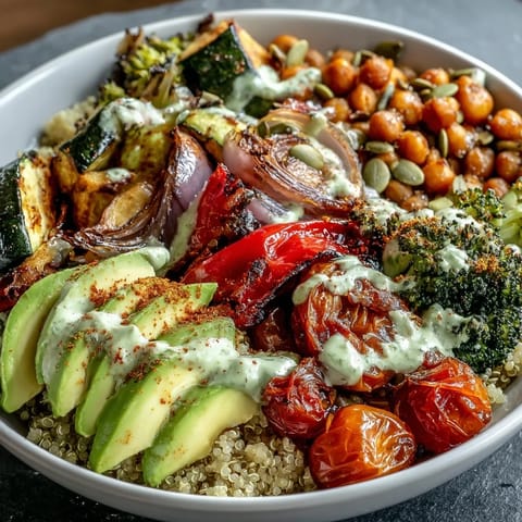 Warm roasted broccoli and bell peppers top a colorful Vegetable and Legume Bowl with avocado slices.