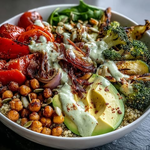 A freshly prepared Vegetable and Legume Bowl features charred zucchini, lentils, and quinoa drizzled with creamy tahini dressing.
