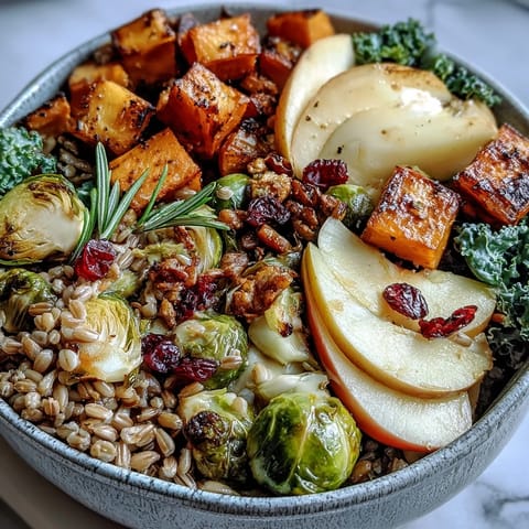 A hearty vegan bowl topped with roasted apples, pumpkin seeds, and dried cranberries for a perfect autumn meal.