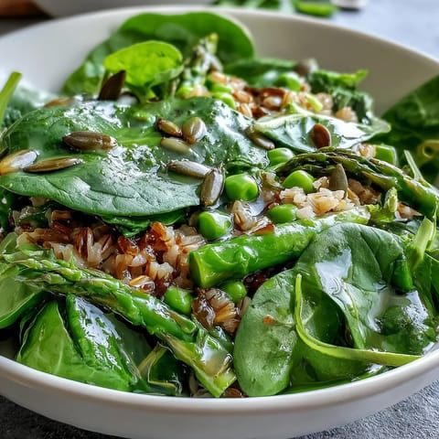 Vibrant Spring Green Bowl with peas, asparagus, and green beans drizzled with lemon dressing over quinoa.