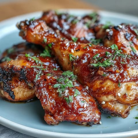 Juicy bone-in chicken thighs coated in a sticky honey garlic sauce, baked to tender perfection with a glossy finish.  